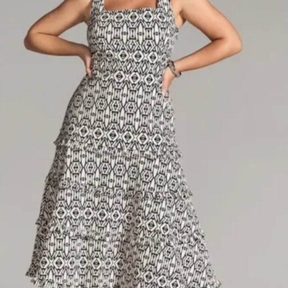 Anthropologie Blythe Black and White A-Line Midi Dress square neck tiered size M